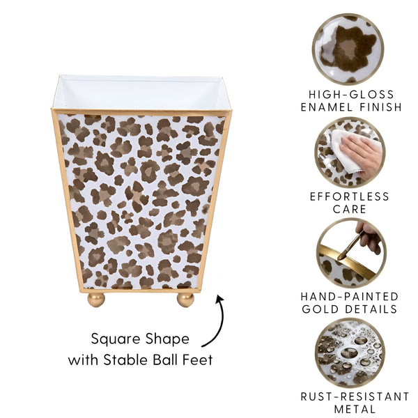 Cream Leopard Enameled Square Cachepot Planter - Cream & Brown
