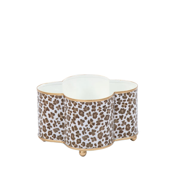 Cream Leopard Enamel Quatrefoil Cachepot Planter - Cream & Brown