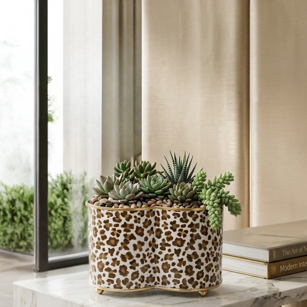 Cream Leopard Enamel Quatrefoil Cachepot Planter - Cream & Brown