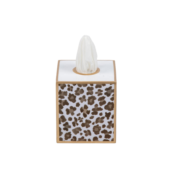 Cream Leopard Enameled Tissue Box Cover - Cream & Brown