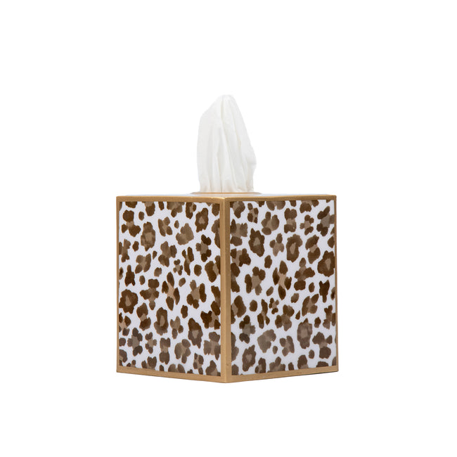 Cream Leopard Enameled Tissue Box Cover - Cream & Brown