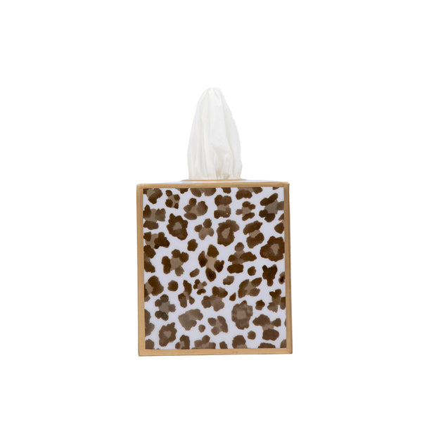 Cream Leopard Enameled Tissue Box Cover - Cream & Brown