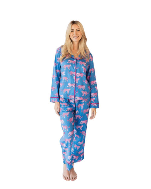 Pink Leopards Luxe Sateen Full Pajama Set - Blue & Pink