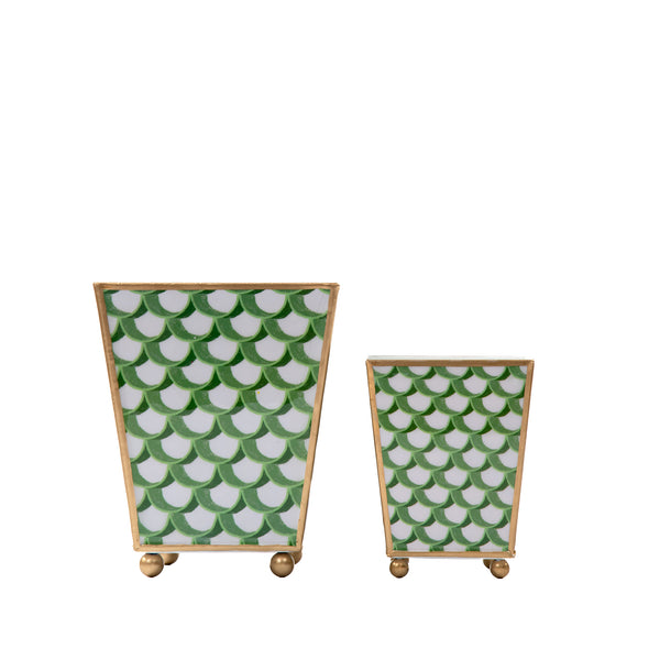 Scallops Enameled Square Cachepot Planter - Green
