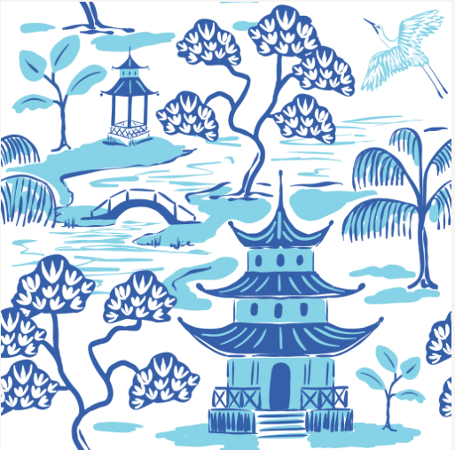 Kyoto Pagoda Enameled Tissue Box Cover - Blue & Light Blue