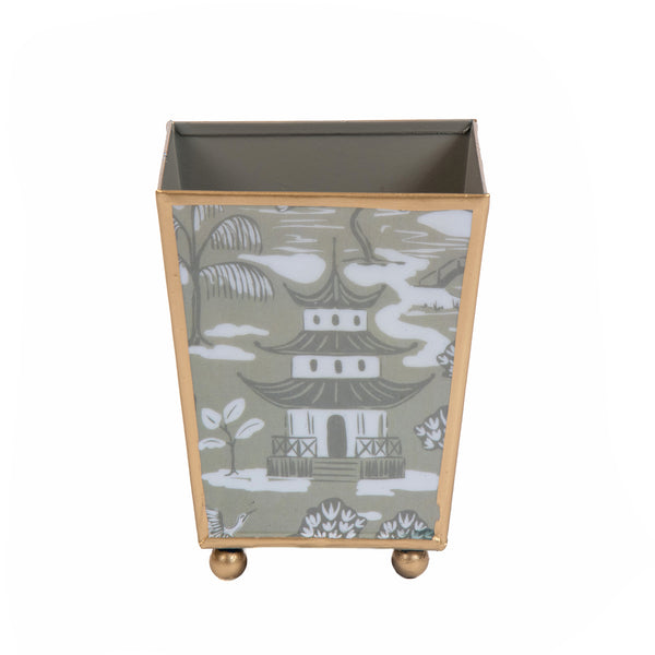 Kyoto Pagoda Enameled Square Cachepot Planter 6 - Taupe & White