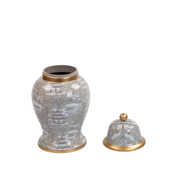 Kyoto Pagoda Enameled Ginger Jar - Large - Taupe & White