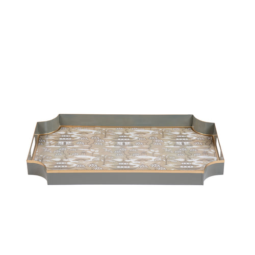 Kyoto Pagoda Enameled Jaye Tray - Taupe & White