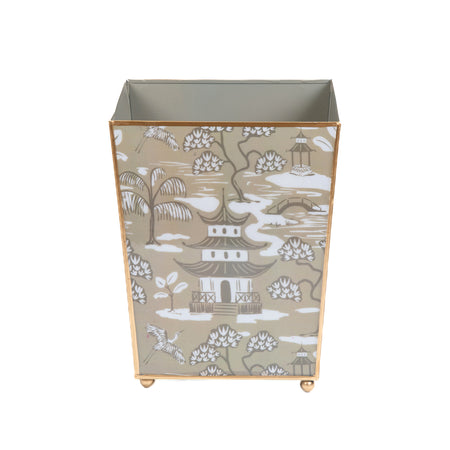 Kyoto Pagoda Enameled Square Wastebasket - White & Blue