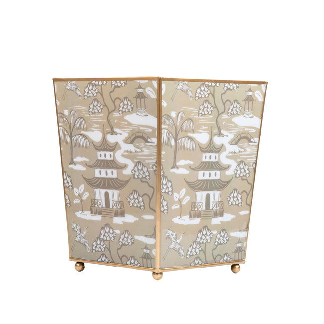 Kyoto Pagoda Enameled Square Wastebasket - Taupe & White