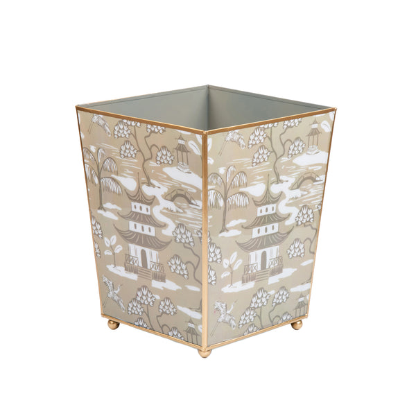 Kyoto Pagoda Enameled Square Wastebasket - Taupe & White