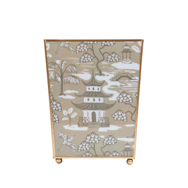 Kyoto Pagoda Enameled Square Wastebasket - Taupe & White