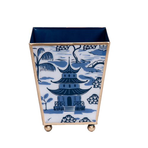 Kyoto Pagoda Enameled Square Cachepot Planter - White & Blue