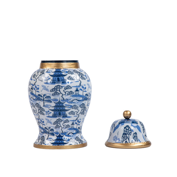 Kyoto Pagoda Enameled Ginger Jar - Large - White & Blue