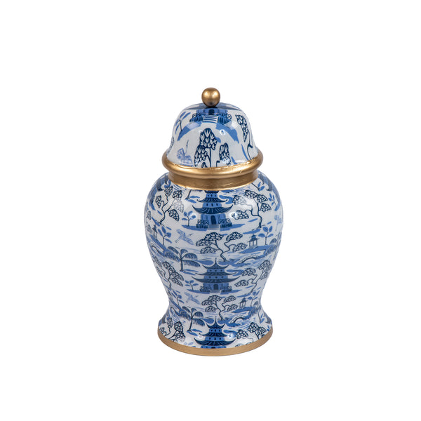 Kyoto Pagoda Enameled Ginger Jar - Large - White & Blue