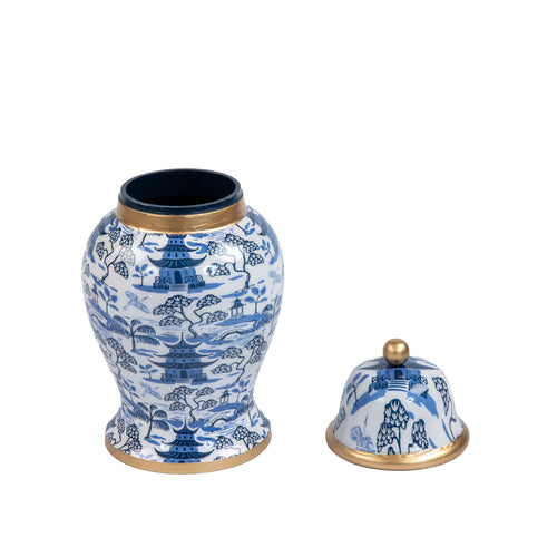 Kyoto Pagoda Enameled Ginger Jar - Large - White & Blue