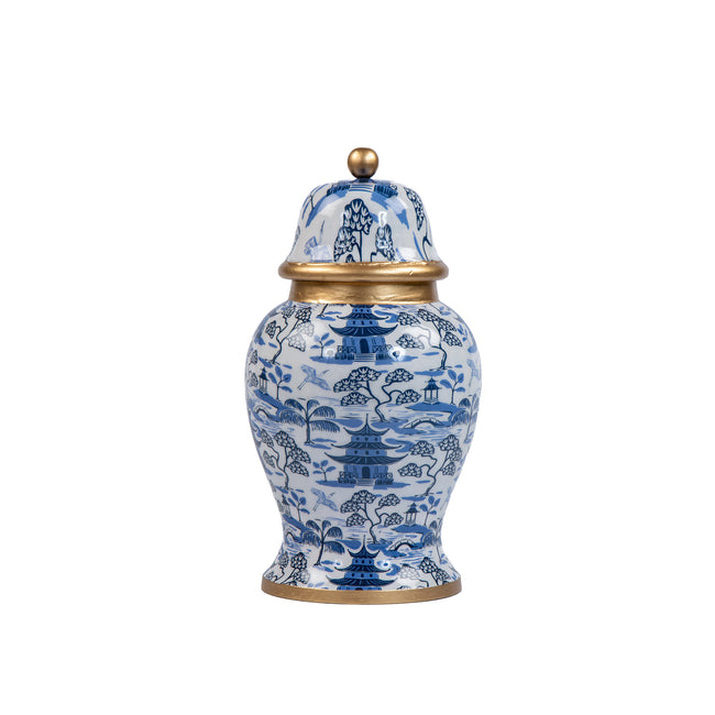 Kyoto Pagoda Enameled Ginger Jar - Large - White & Blue