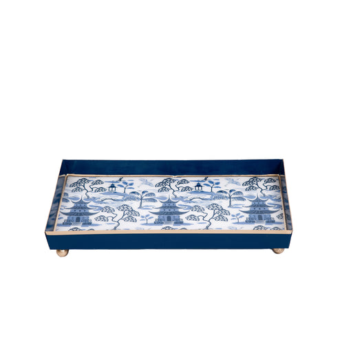 Kyoto Pagoda Enameled Oliver Tray 8x12 - White & Blue