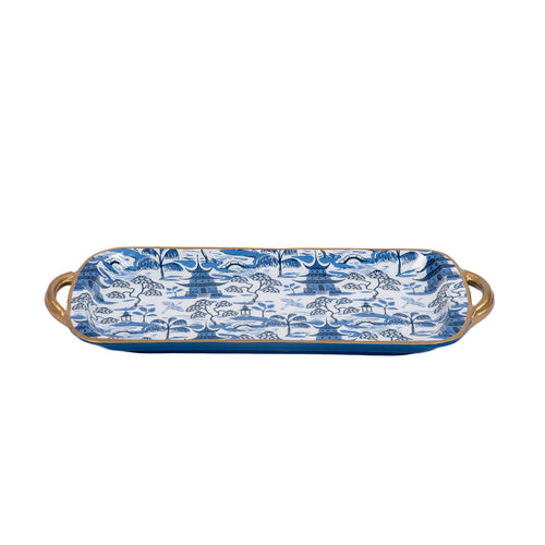 Kyoto Pagoda Enameled Sasha Tray - White & Blue