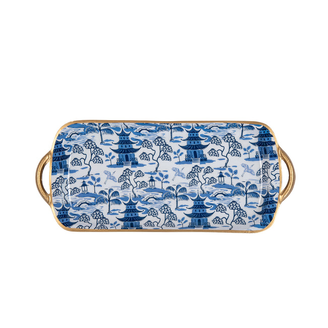 Kyoto Pagoda Enameled Sasha Tray - White & Blue