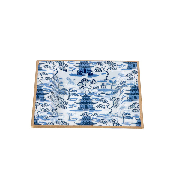 Kyoto Pagoda Enameled Tori Trinket Tray - White & Blue