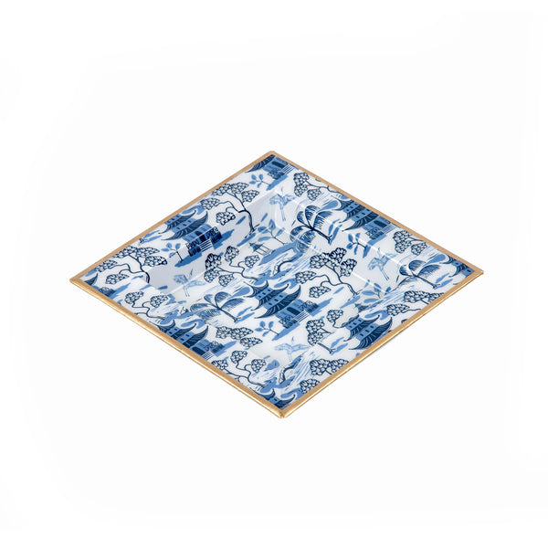 Kyoto Pagoda Enameled Tori Trinket Tray - White & Blue