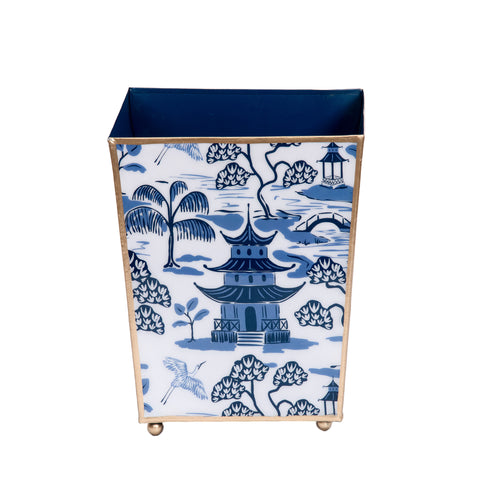 Kyoto Pagoda Enameled Square Wastebasket - White & Blue