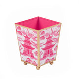 Kyoto Pagoda Enameled Square Cachepot Planter - White & Pink