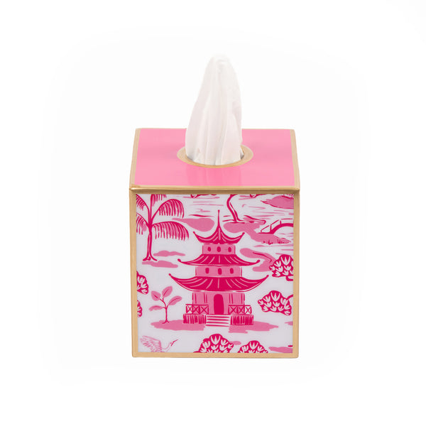 Kyoto Pagoda Enameled Tissue Box Cover - White & Pink