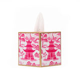 Kyoto Pagoda Enameled Tissue Box Cover - White & Pink