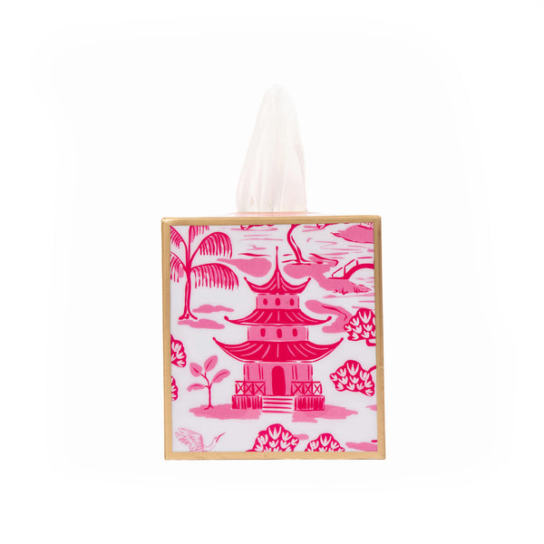 Kyoto Pagoda Enameled Tissue Box Cover - White & Pink