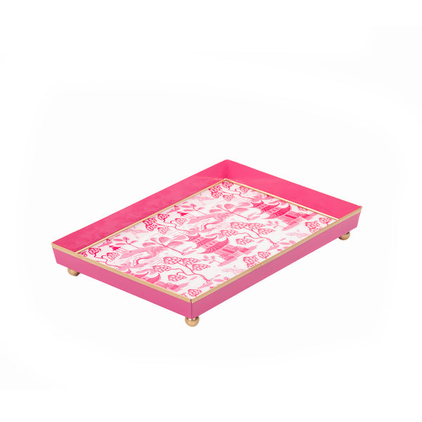 Kyoto Pagoda Enameled Oliver Tray 8x12 - White & Pink