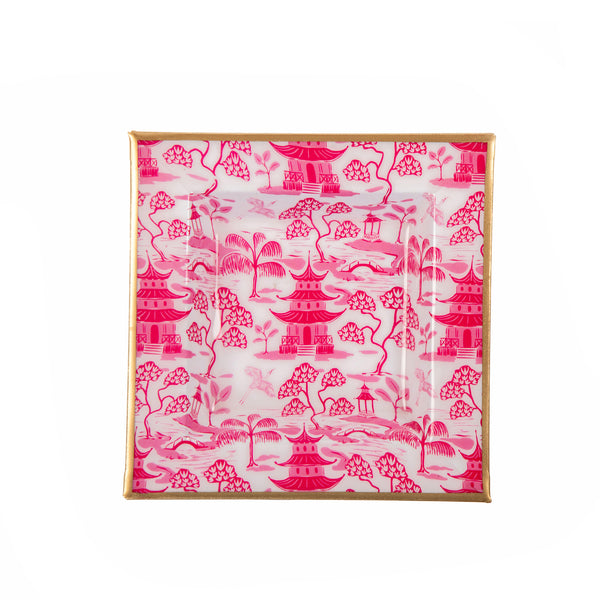 Kyoto Pagoda Enameled Tori Trinket Tray - White & Pink