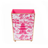 Kyoto Pagoda Enameled Square Wastebasket - White & Pink