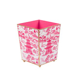 Kyoto Pagoda Enameled Square Wastebasket - White & Pink