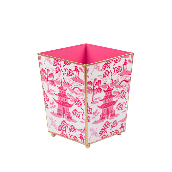 Kyoto Pagoda Enameled Square Wastebasket - White & Pink