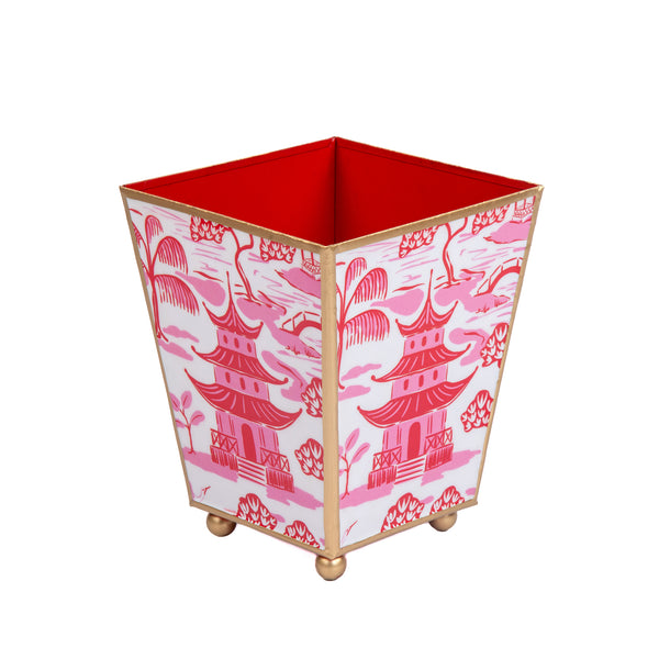 Kyoto Pagoda Enameled Square Cachepot Planter 6 - White & Red