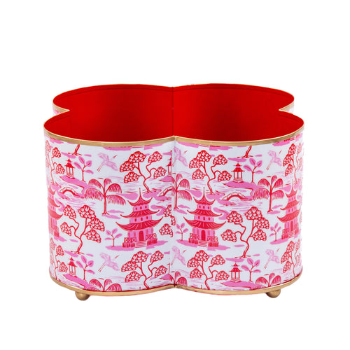 Kyoto Pagoda Enamel Quatrefoil Cachepot Planter 6x12 - White & Red