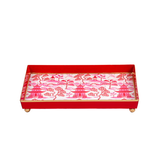 Kyoto Pagoda Enameled Oliver Tray 8x12 - White & Red