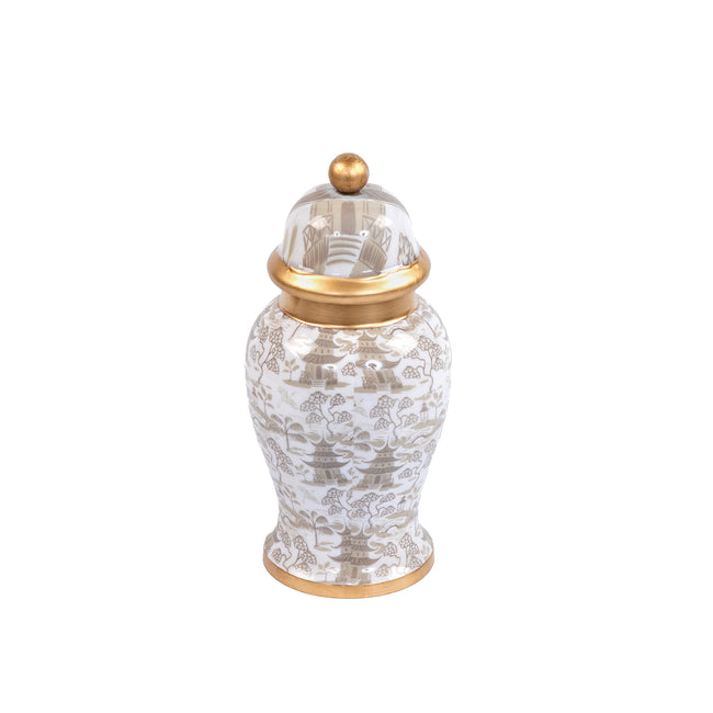 Kyoto Pagoda Ginger Jar Enameled - Petite - White & Taupe