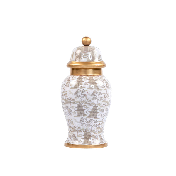 Kyoto Pagoda Ginger Jar Enameled - Petite - White & Taupe