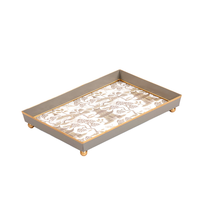 Kyoto Pagoda Enameled Oliver Tray 8x12 - White & Taupe