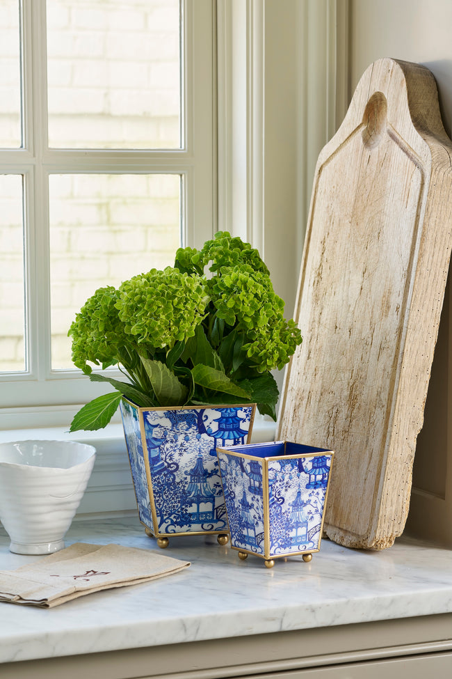 Garden Party Blue Enameled Square Cachepot