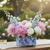 Garden Party Blue & White Enameled Quatrefoil Cachepot