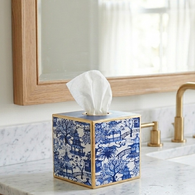 Garden Party Blue Enameled Tissue Box Cover