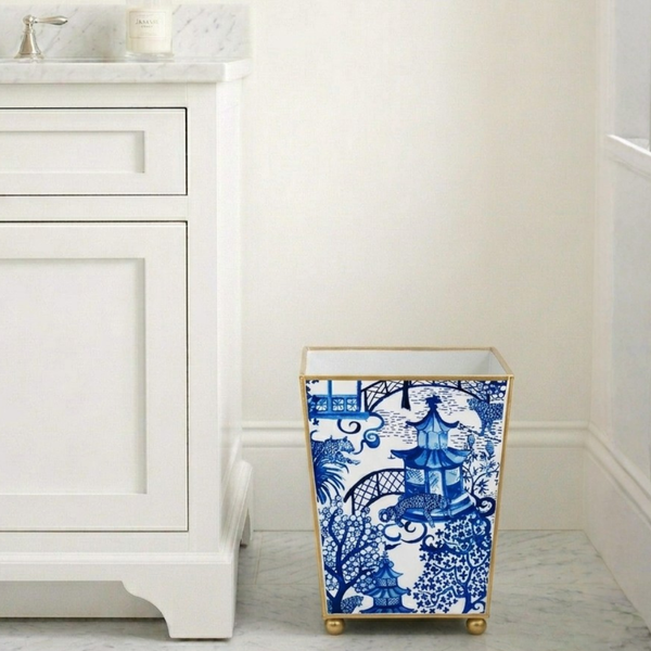 Garden Party White & Blue Enameled Square Wastebasket