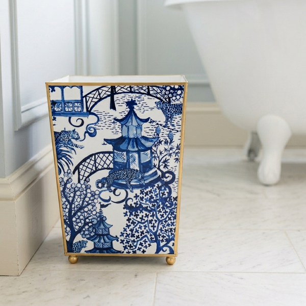 Garden Party White & Blue Enameled Square Wastebasket