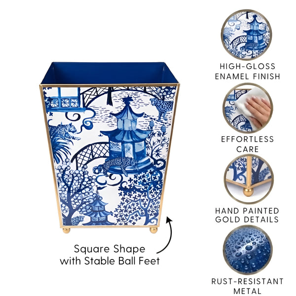 Garden Party White & Blue Enameled Square Wastebasket