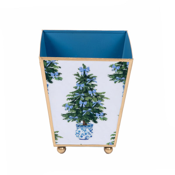 Blue Bow Christmas Enameled Square Cachepot Planter 6