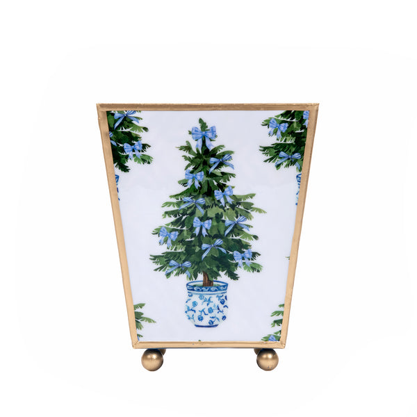 Blue Bow Christmas Enameled Square Cachepot Planter 6